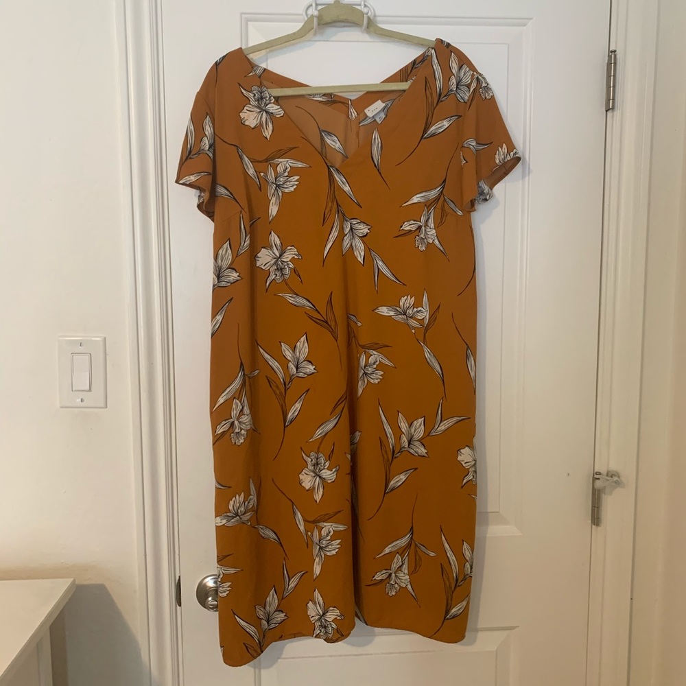 A NEW DAY Mustard Yellow Floral Shift Pocket Dress